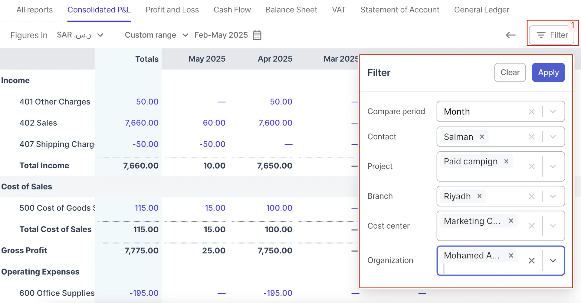 Consolidated Reports in Wafeq and filttering